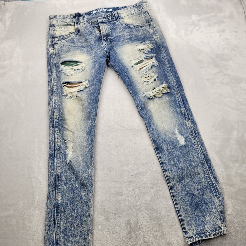 Trill‎ Nation Jeans Mens 36x33 Straight Distressed Whisker Acid Bleach Raw Adult